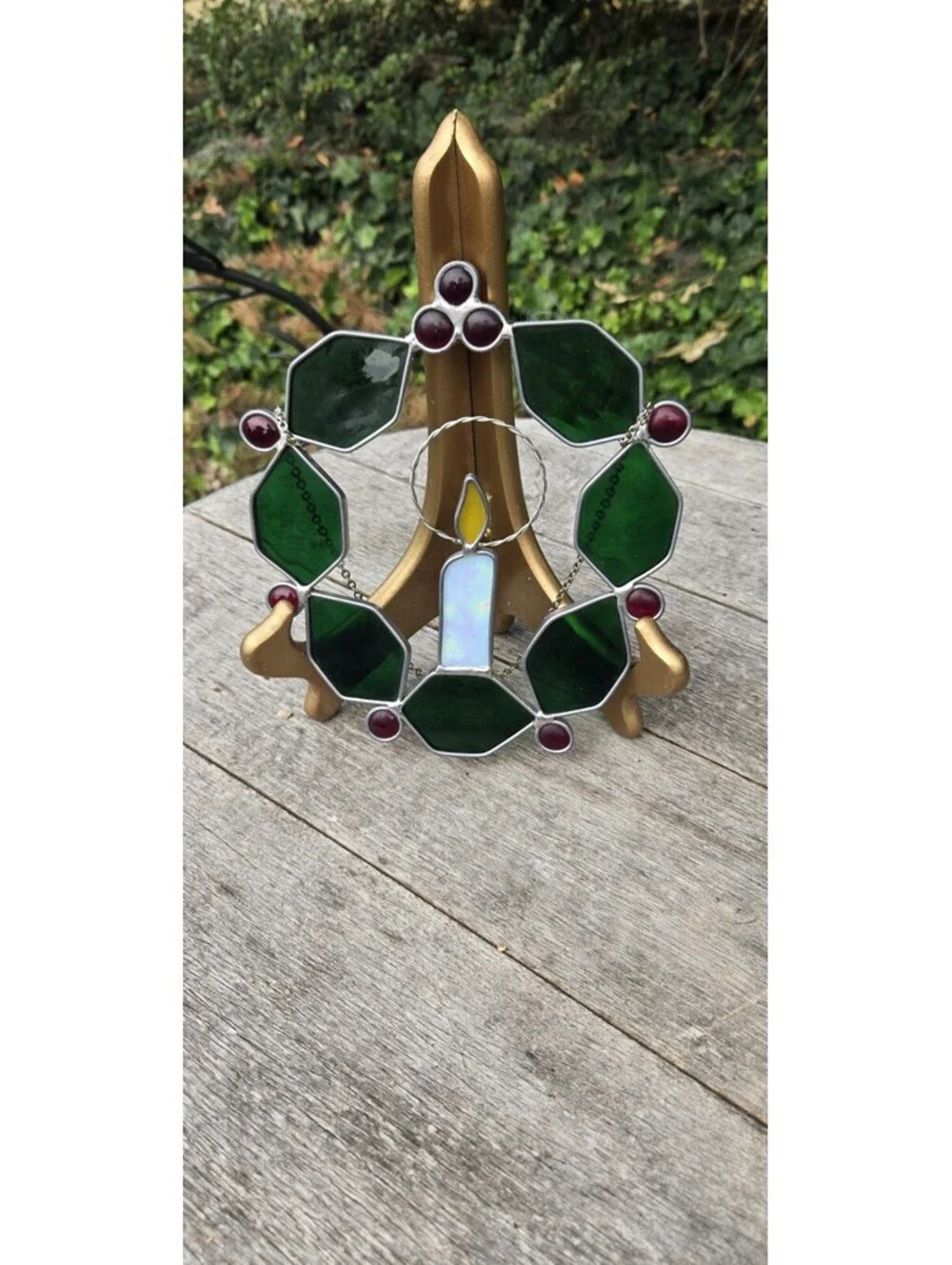 Vintage Stained Leaded Glass Christmas Holly Wreath & Candle Suncatcher 7X7